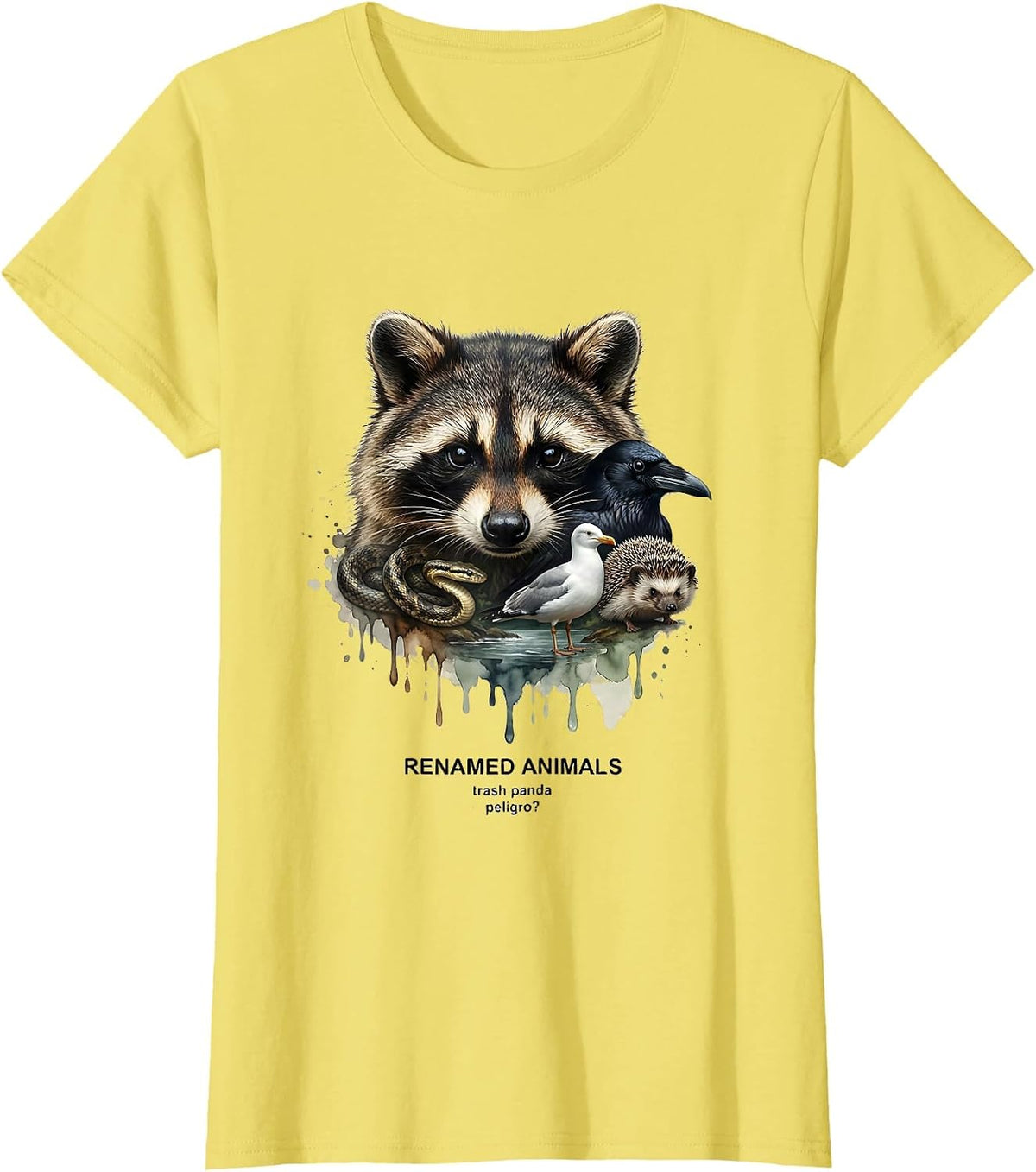Women's RENAMED ANIMALS Trash Panda Peligro Funny Squirrel Lover T-Shirt - Lemon Yellow
