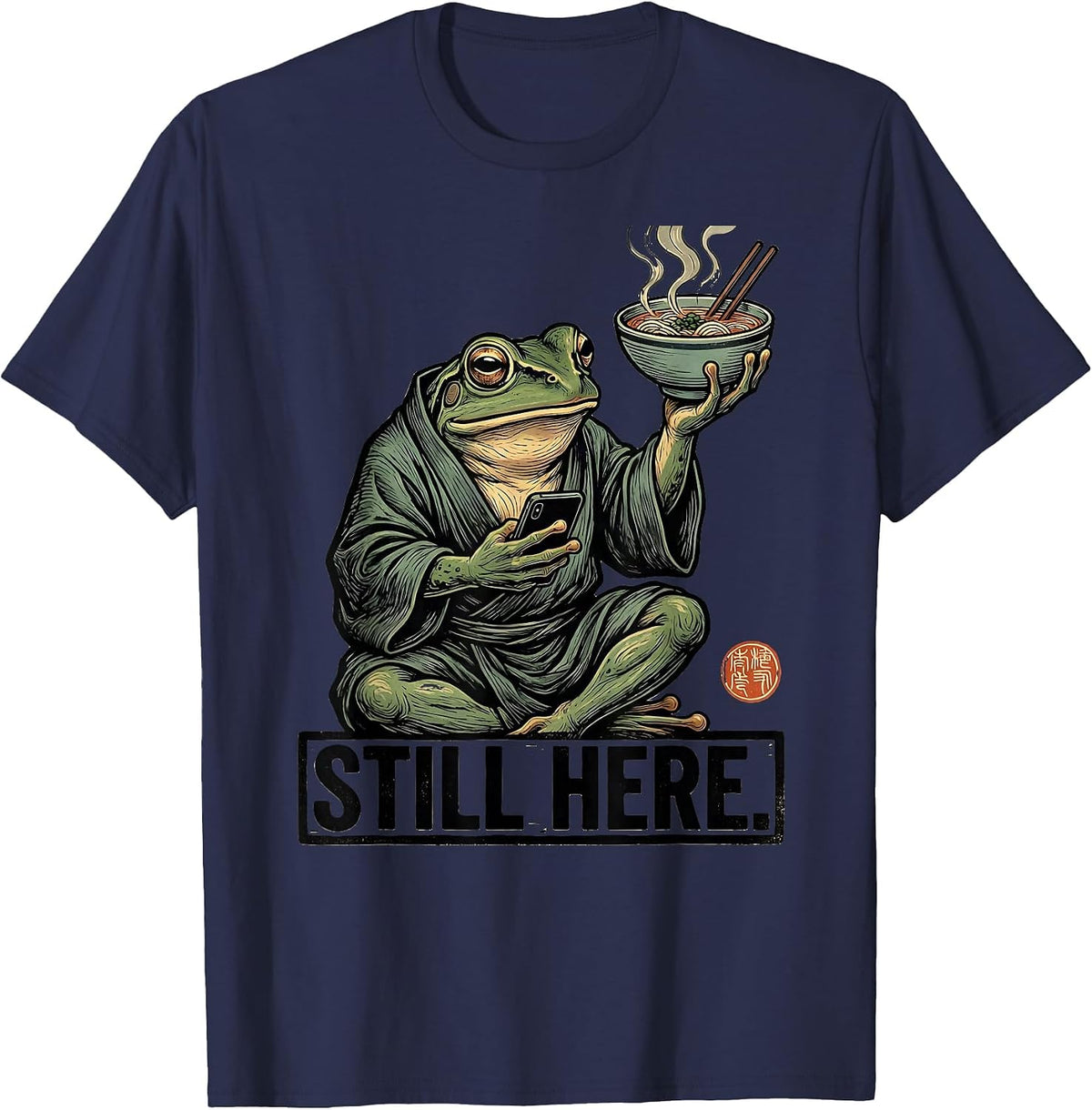Still Here Grumpy Frog Ukiyo-e Ramen Humor Japanese Art T-Shirt - Navy Blue