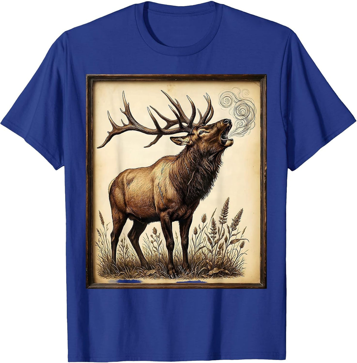 Elk Bugling in the Wild Breath Fog Illustration T-Shirt - Royal Blue