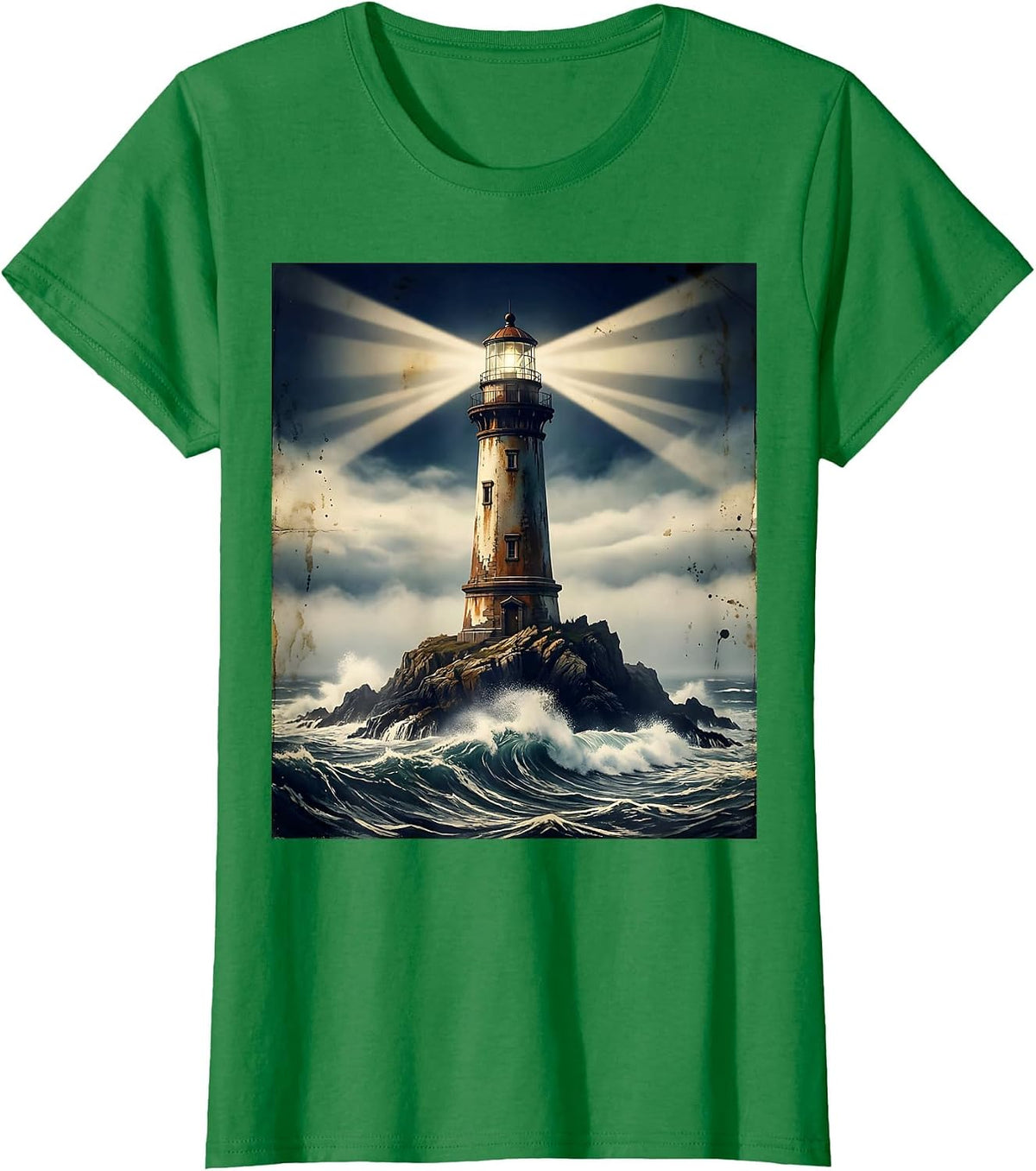 Women's Lighthouse Beam Through Night Fog Sailor Design T-Shirt - Kelly Green