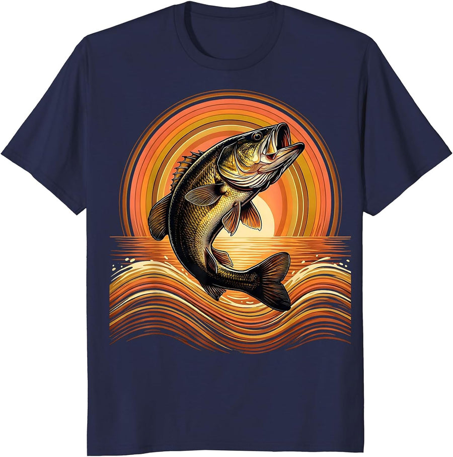 Largemouth Bass Leaping Water Splash Fishing T-Shirt - Navy Blue