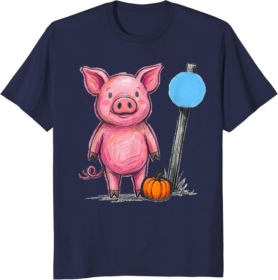 Wobbly Pig Naive Kidcore Halloween Costume Humor T-Shirt - Navy Blue