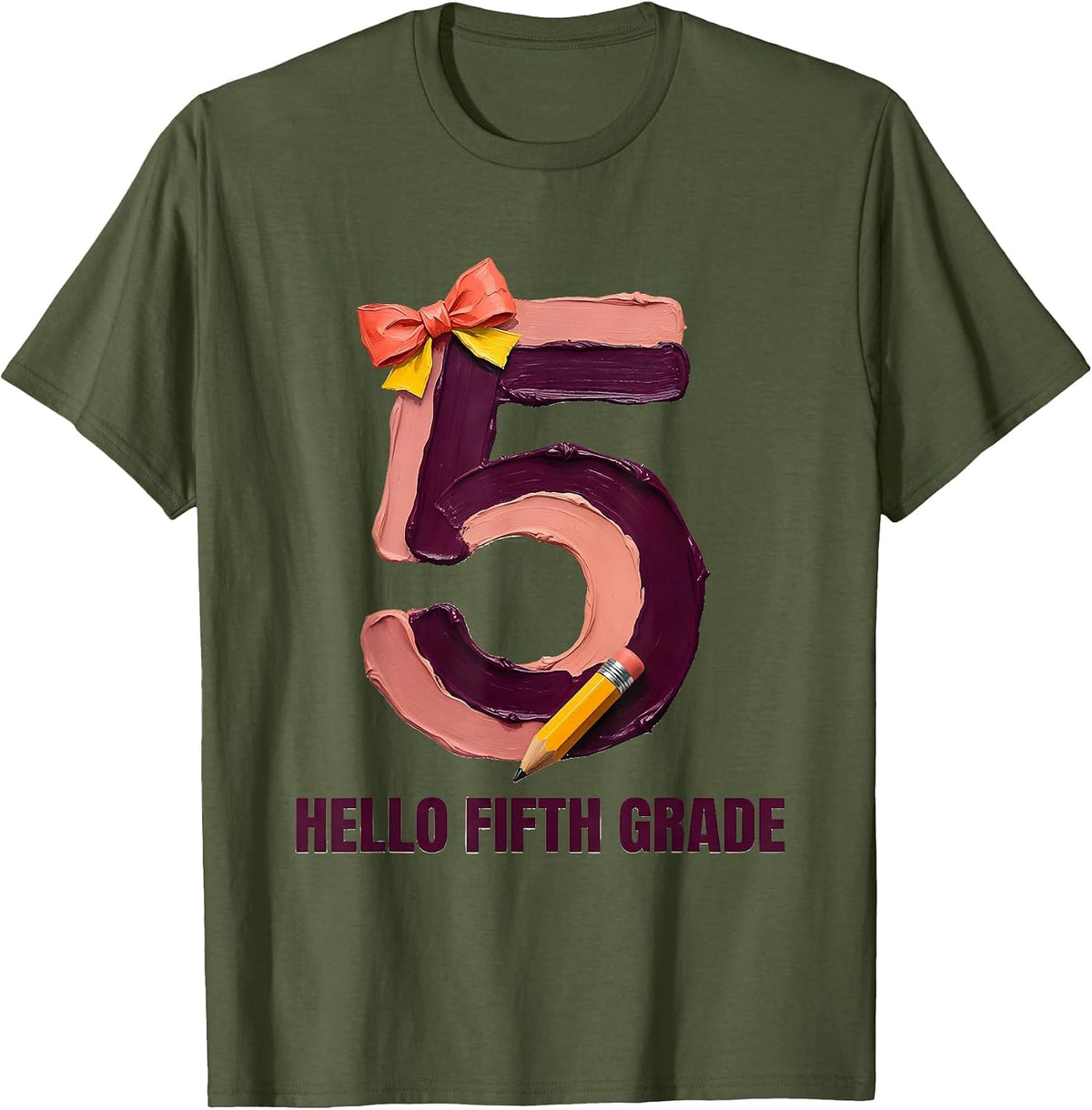 Hello Fifth Grade Cute Coquette Back to School Pencil Bow T-Shirt - Olive Green