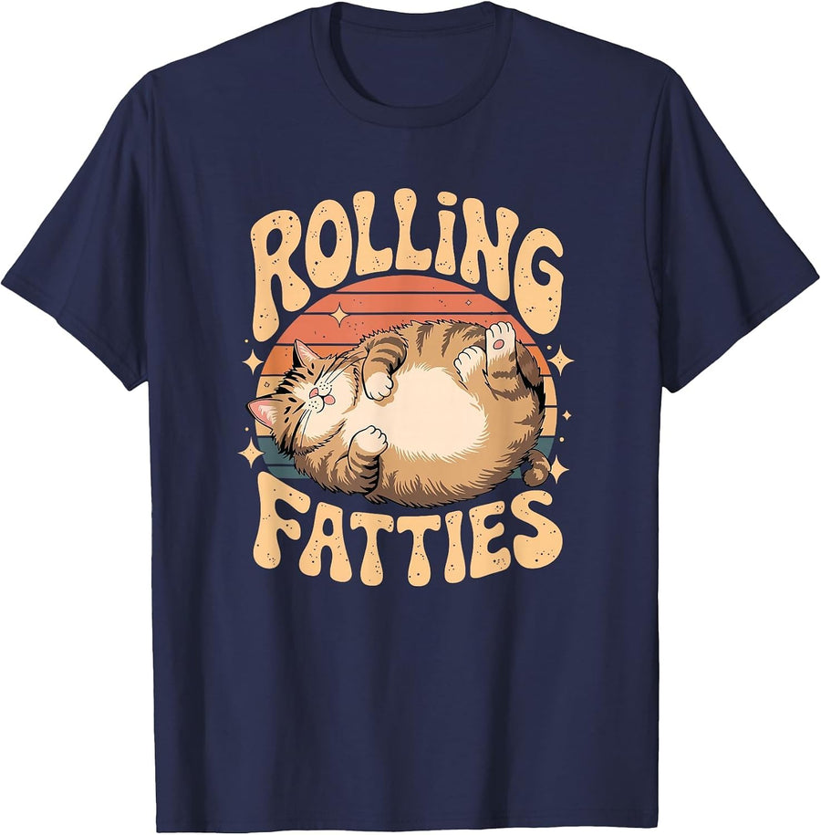 Rolling Fatties Retro Cat Humor Design T-Shirt - Navy Blue