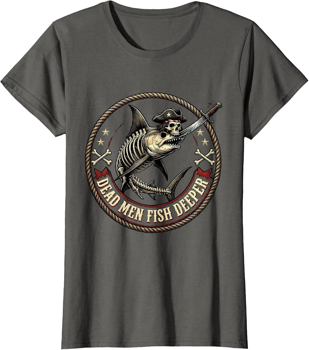 Women's Halloween Pirate Swordfish Skeleton Design T-Shirt - Asphalt Grey
