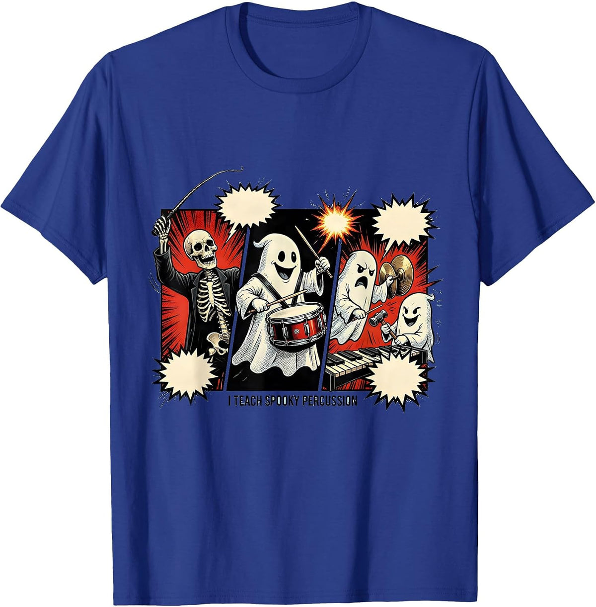 Men's I Teach Spooky Percussion Comic Book Halloween Music Teacher T-Shirt - Royal Blue