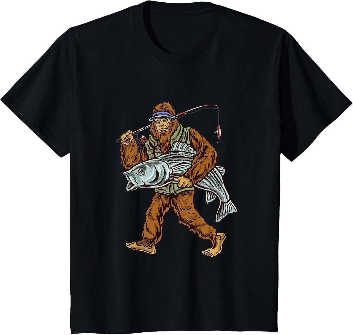 Striper Fishing Bigfoot Striped Bass Fishermen T-Shirt - Black