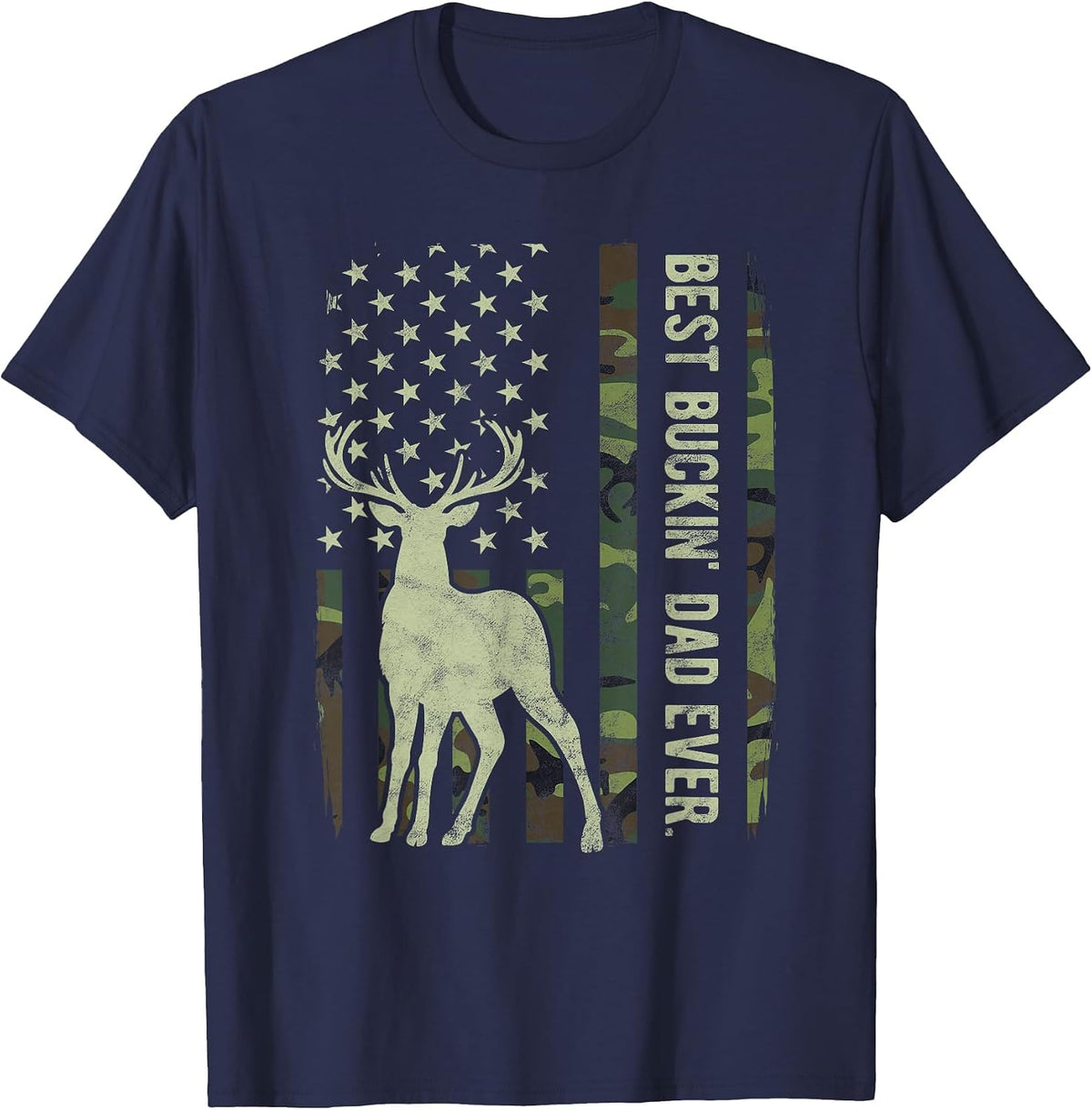 Best Buckin' Dad Camouflage American Flag Deer Hunting Tees T-Shirt - Navy Blue