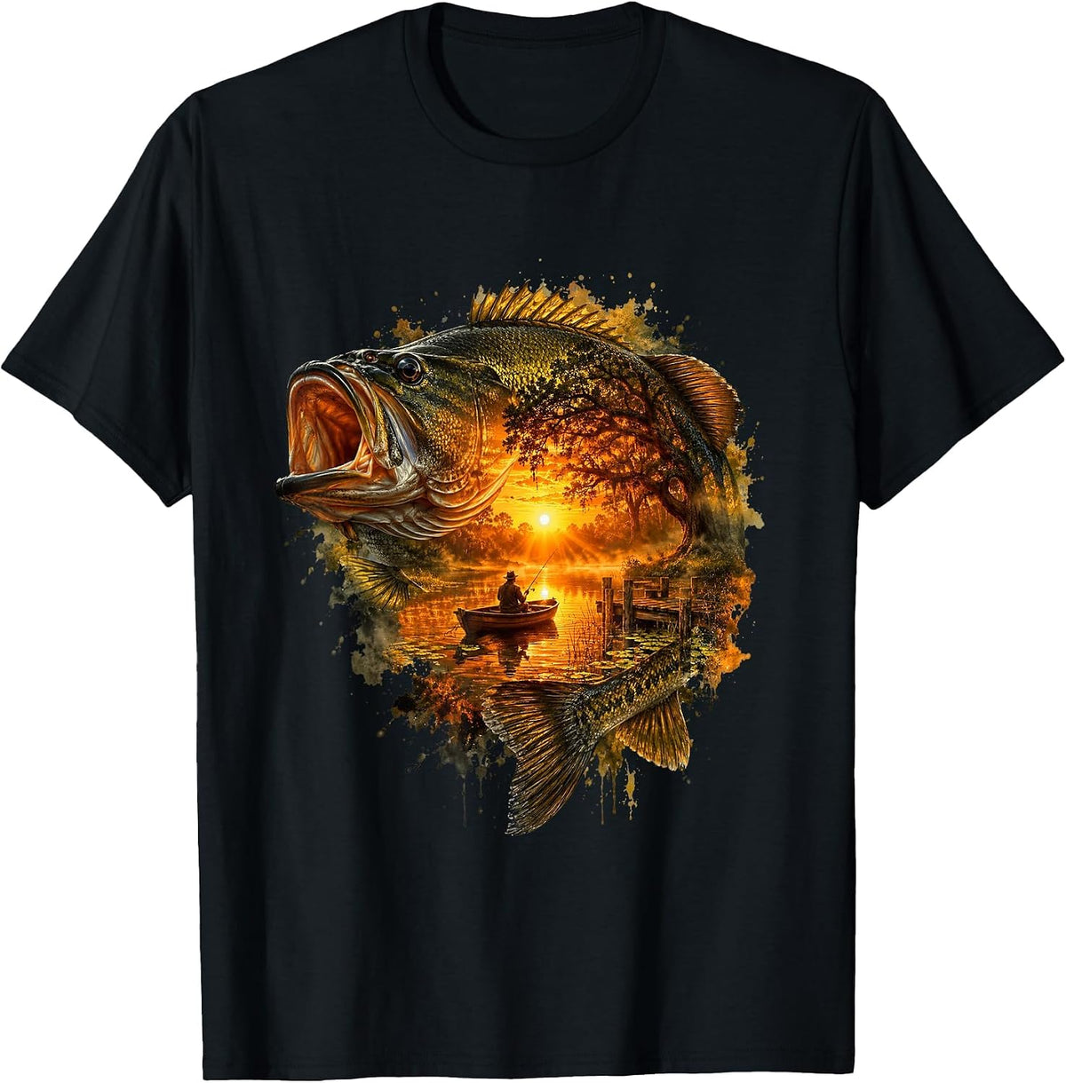 Largemouth Bass Fishing Fish Sunset Fisherman Men Women Kids T-Shirt - Black