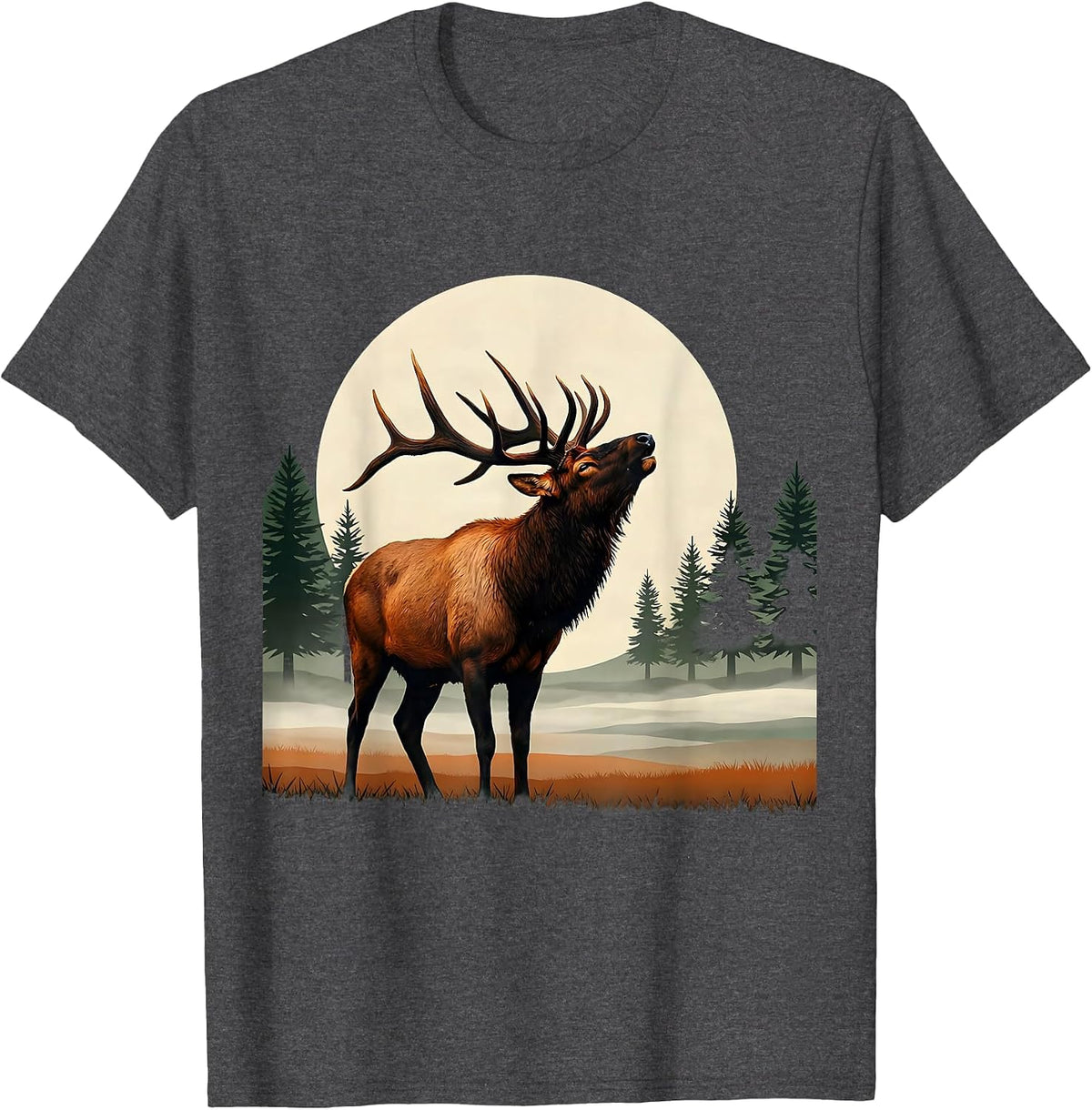 Bull Elk Bugling in Foggy Meadow Fall Design T-Shirt - Dark Heather Grey