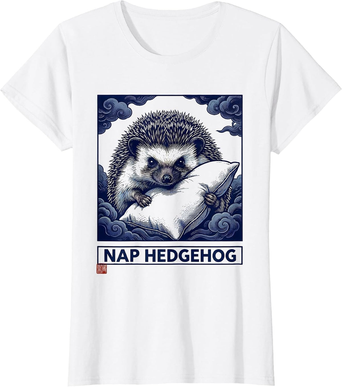 Women's Nap Hedgehog Ukiyo-e Japanese Pop Culture Animal Mashup T-Shirt - White