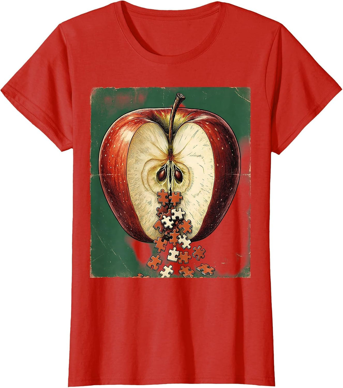 Women's Special Education Teacher Apple Puzzle Piece Graphic T-Shirt - Red