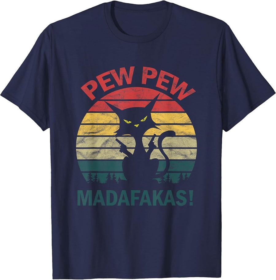 Funny Black Crazy Kitty Cat - Pew Pew Madafakas T-Shirt - Navy Blue