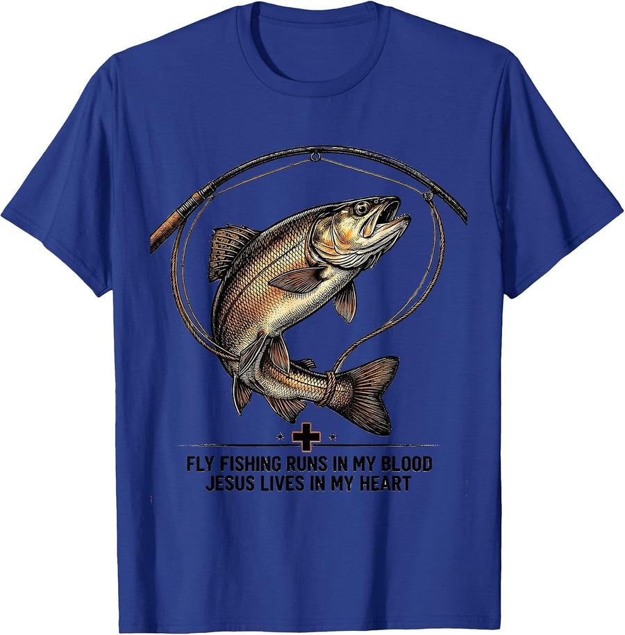 Fly Fishing Runs In My Blood, Jesus Lives In My Heart T-Shirt - Royal Blue