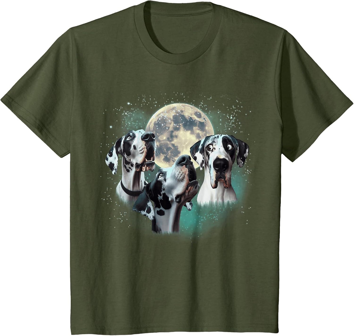 Funny Three Dog Moon, 3 Harlequin Great Dane, Weird Meme T-Shirt - Olive Green
