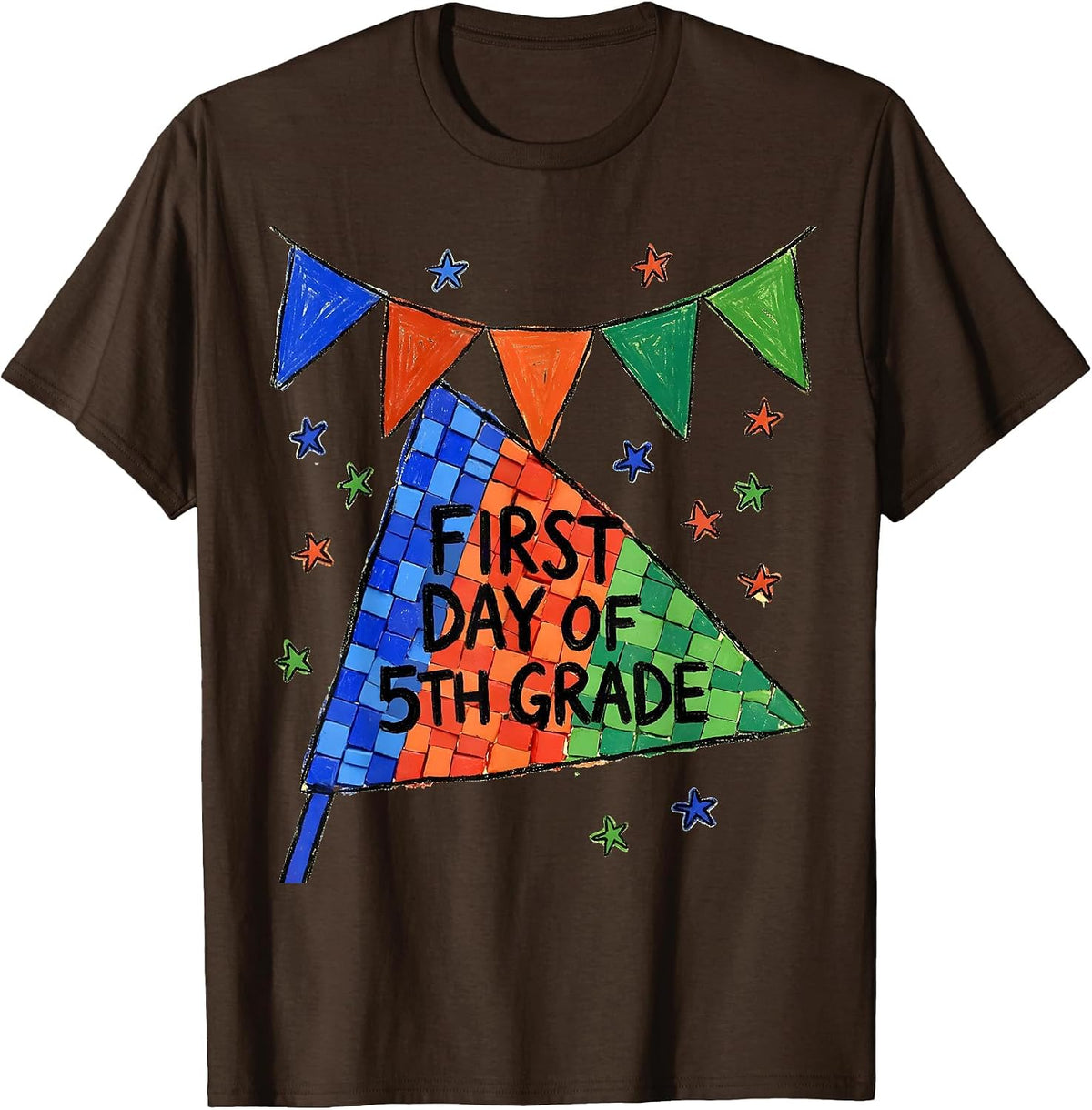 Men's First Day of 5th Grade Naive Kidcore Back to School Pennant T-Shirt - Brown