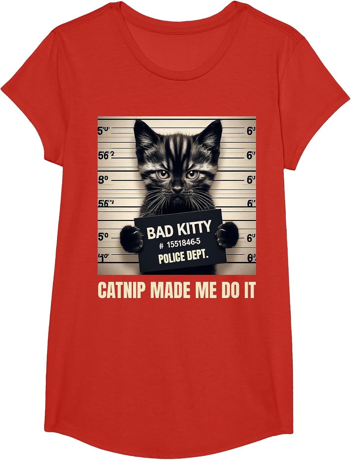 Catnip Made Me Do It Bad Kitty Cat Mugshot T-Shirt - Girls Red