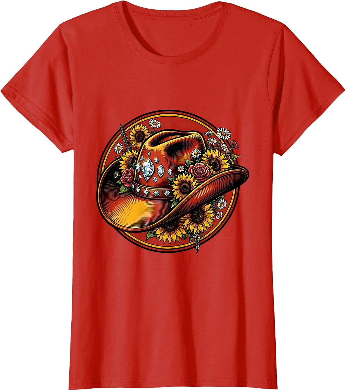 Rhinestone Cowgirl Hat Wildflowers Rodeo Graphic T-Shirt - Red