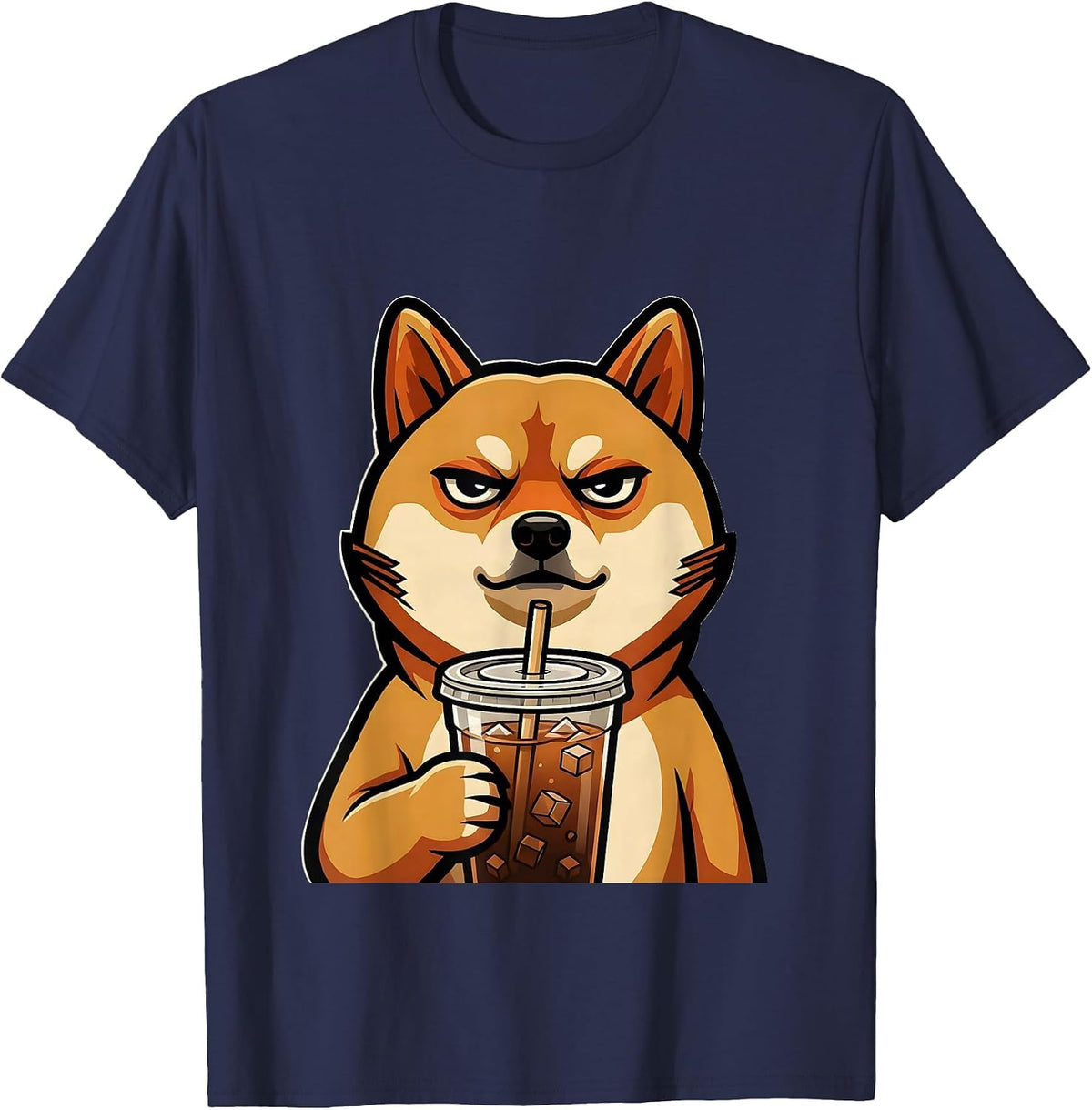 Shiba Inu Hipster Iced Coffee Lover Humor T-Shirt - Navy Blue