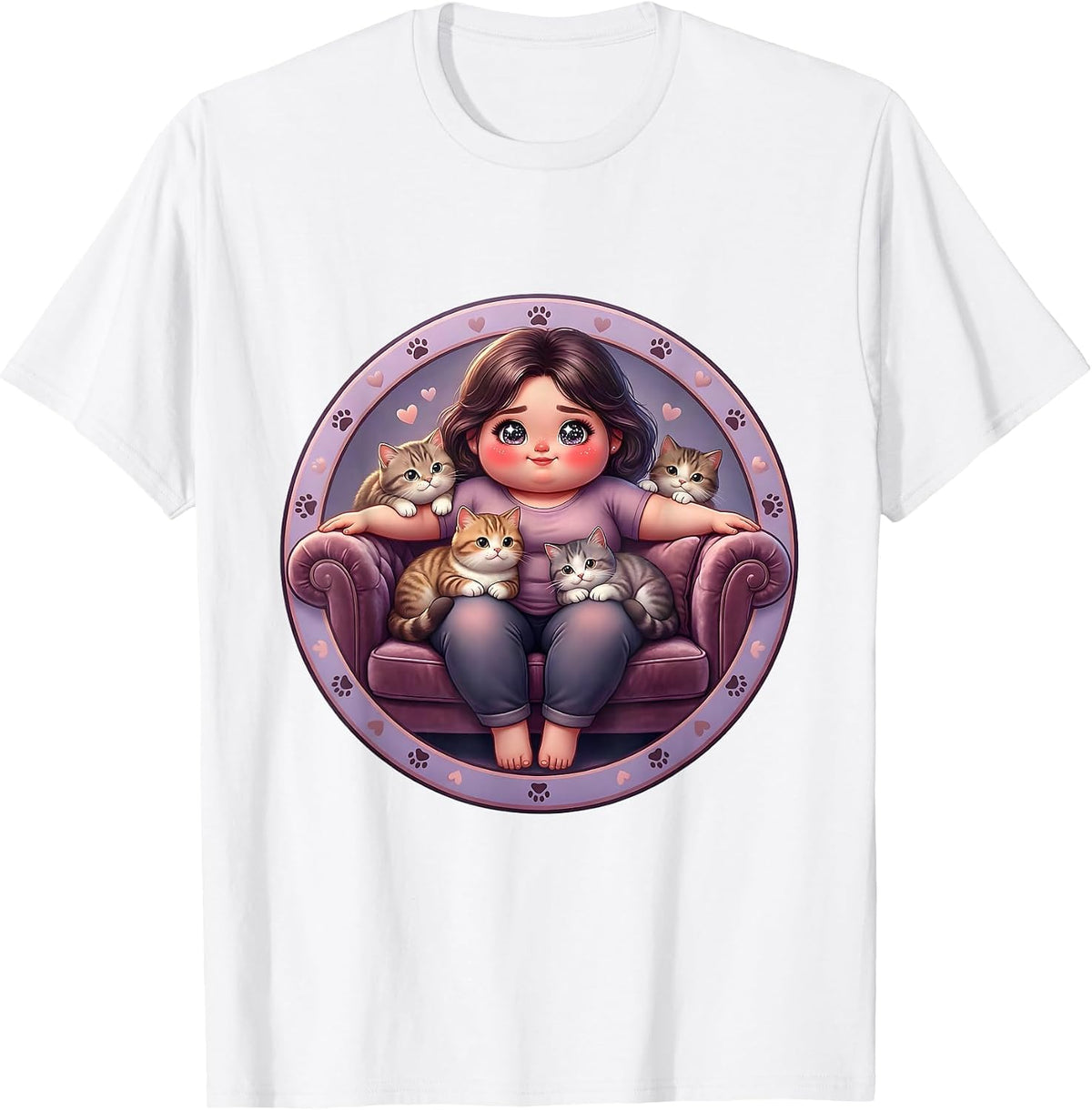 Crazy Cat Auntie Velvet Couch Illustration T-Shirt - White