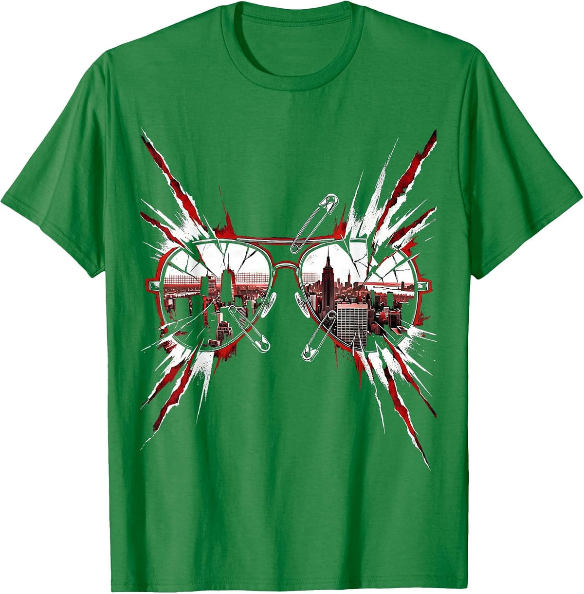 Men's Retro Synthwave Cityscape Reflective Sunglasses T-Shirt - Kelly Green