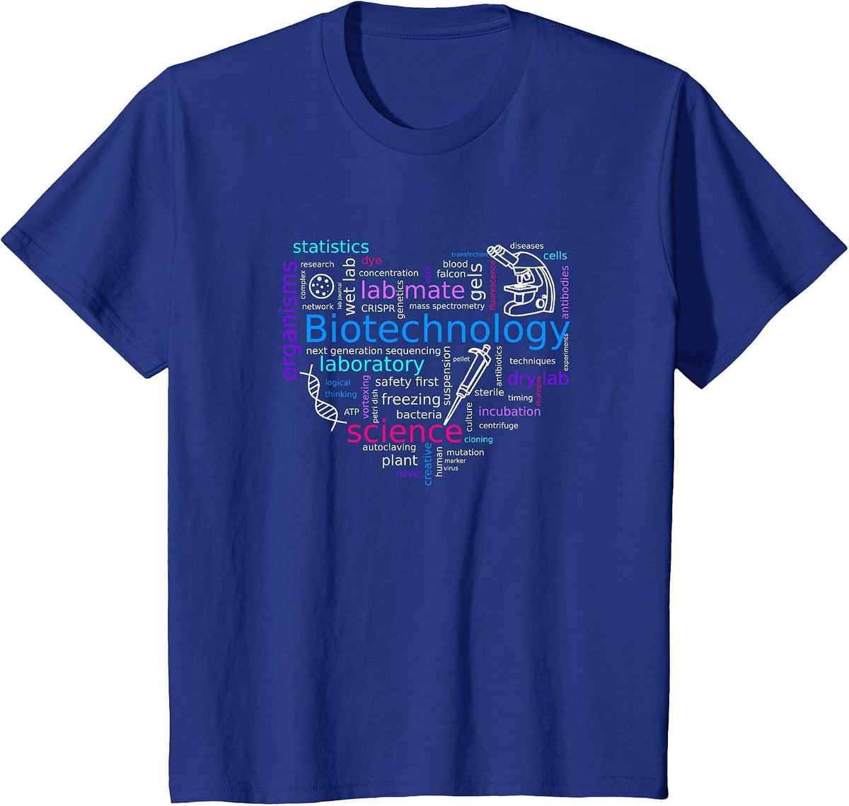 Word Cloud biotech with Microscope, Pipette and DNA T-Shirt - Royal Blue