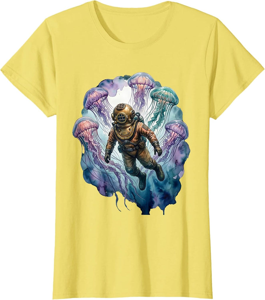 Autism Awareness Deep Sea Diver Bioluminescent Jellyfish T-Shirt - Lemon Yellow