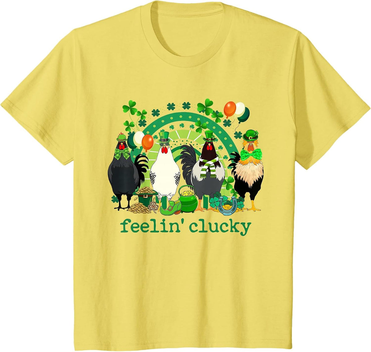 Feeling Clucky Chicken Rainbow Funny St Patricks Day Shamrock Tee T-Shirt - Lemon Yellow