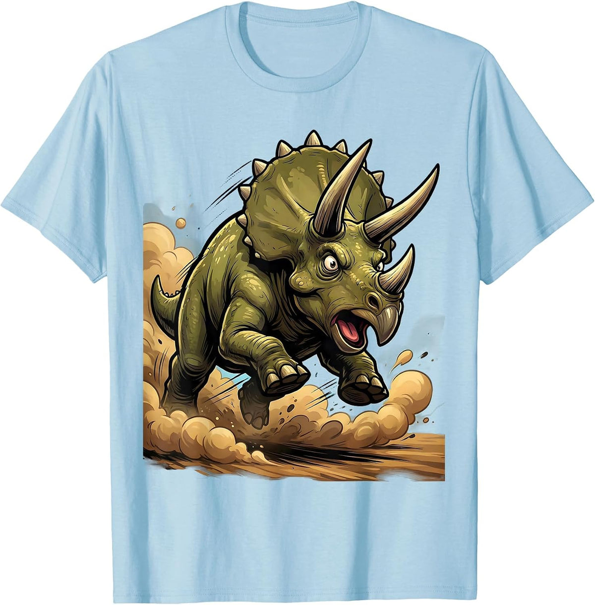 Triceratops Charging Dinosaur Dust Cloud Graphic T-Shirt - Baby Blue