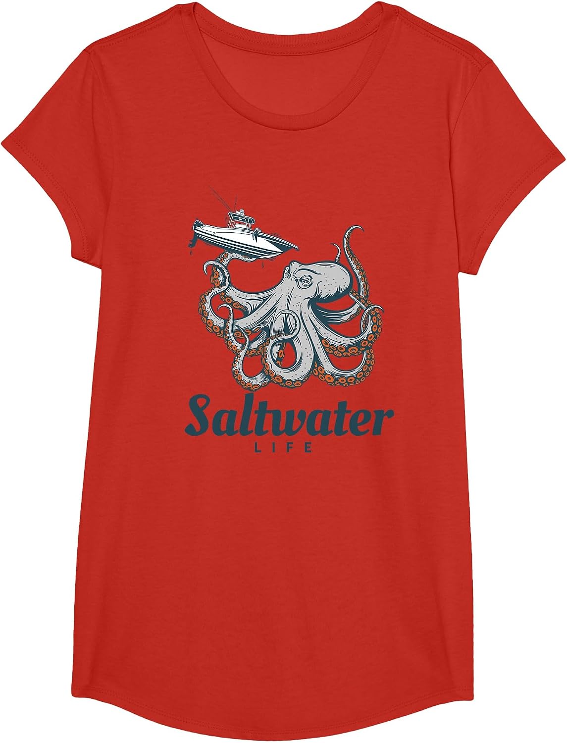 Saltwater Life Saltwater Octopus Holding a Boat T-Shirt - Girls Red