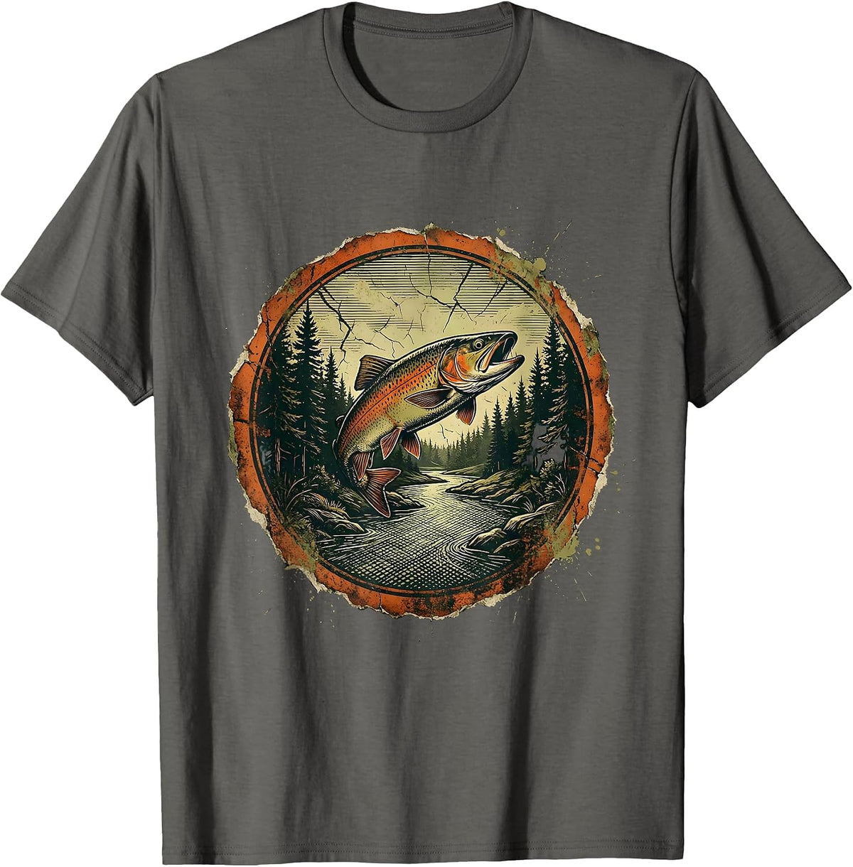 Men's Trout Stream Pine Forest Fly Fishing Illustration T-Shirt - Asphalt Grey