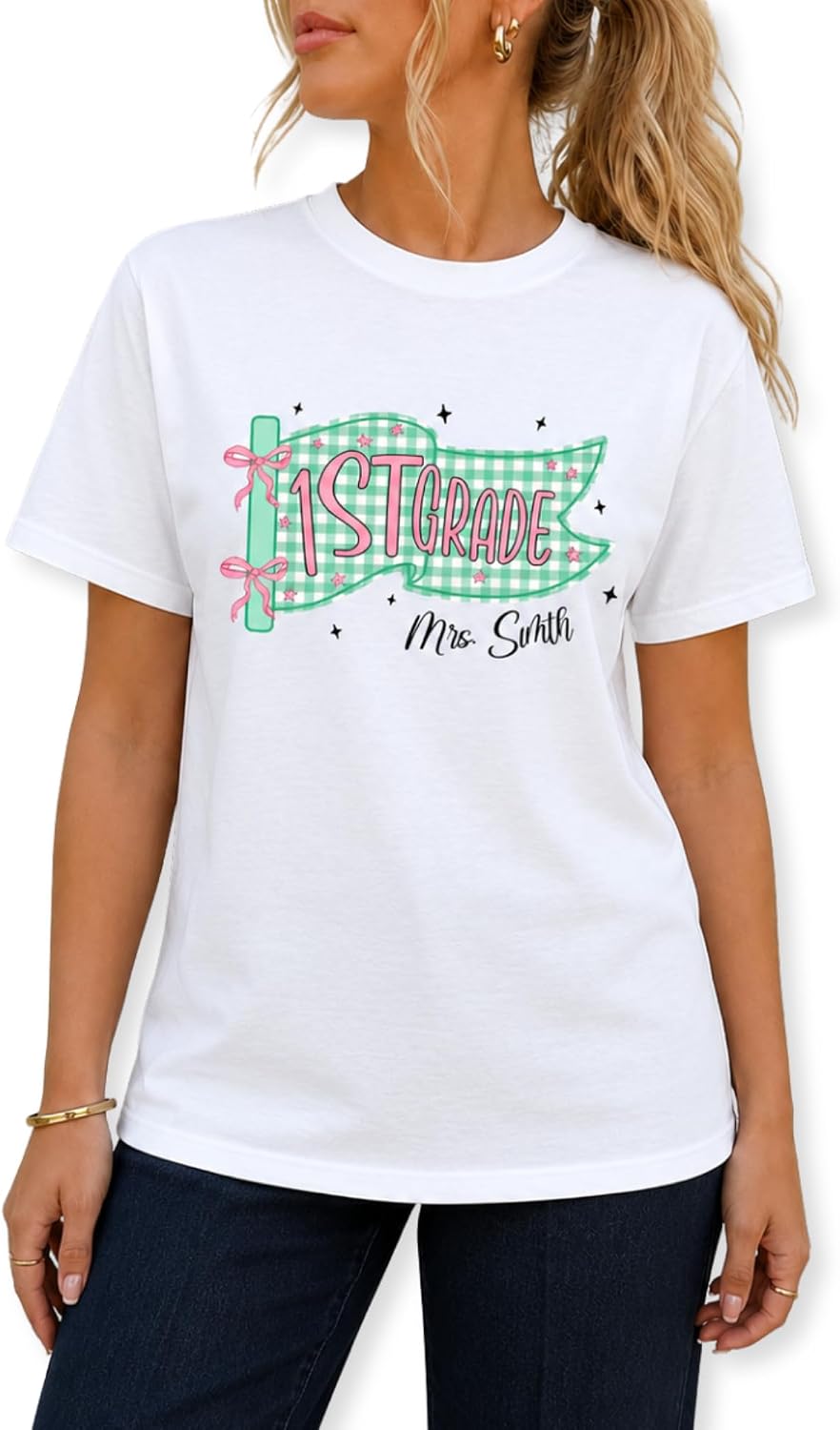 Custom Teacher T-Shirt, Grade & Name Pennant Flag Tee - First Grade