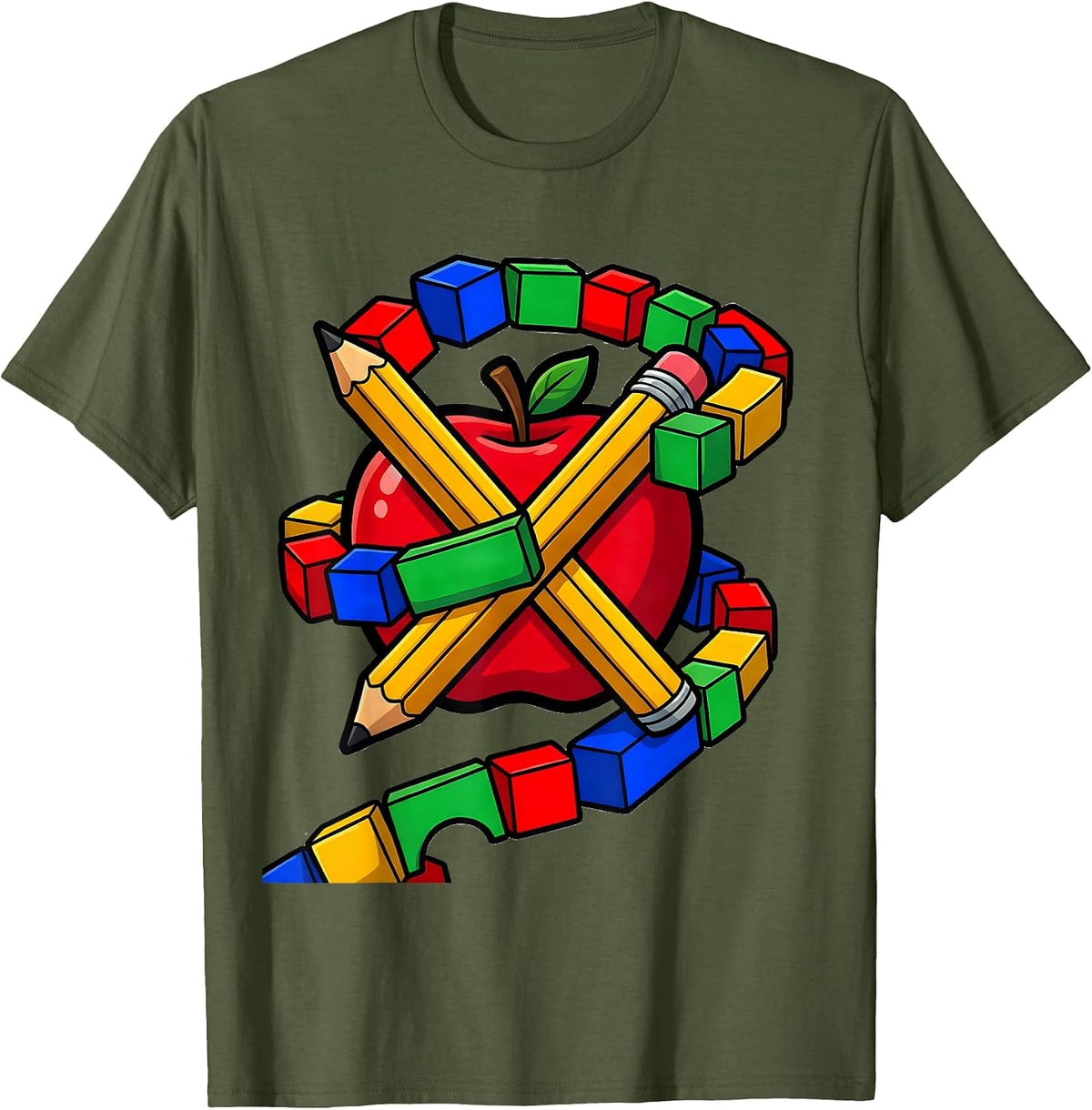 Men's Preschool Teacher Pencil Apple Colorful ABC Graphic T-Shirt - Olive Green