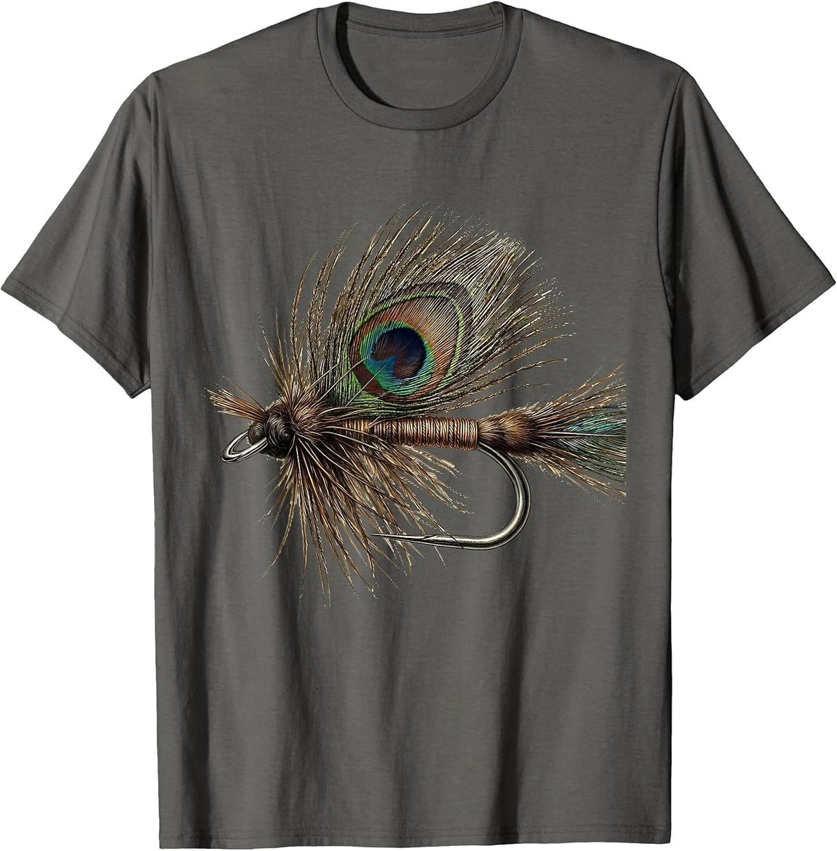 Feather Fly Fishing Hook Illustration T-Shirt - Asphalt Grey