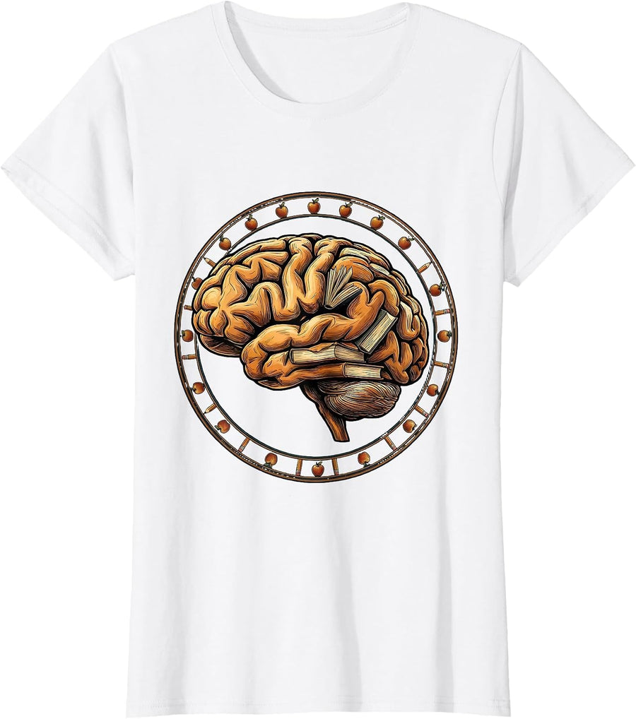 Women's Teacher Brain Made of Books Graphic Design T-Shirt - White