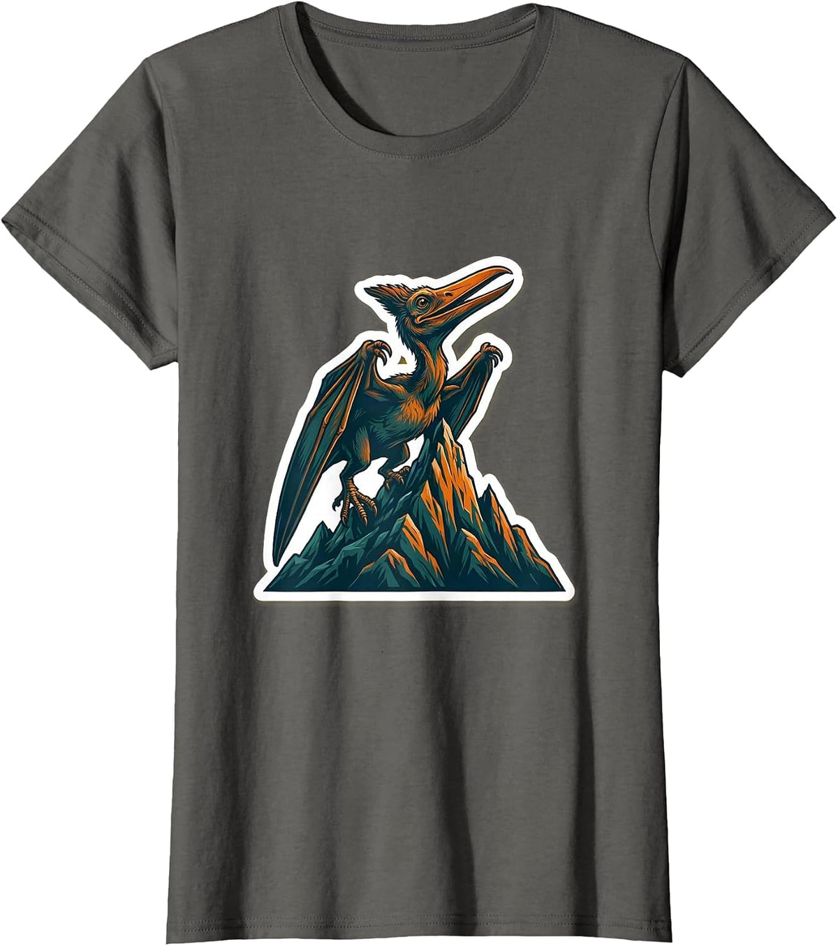 Women's Pterodactyl Mountain Peak Dinosaur Illustration T-Shirt - Asphalt Grey