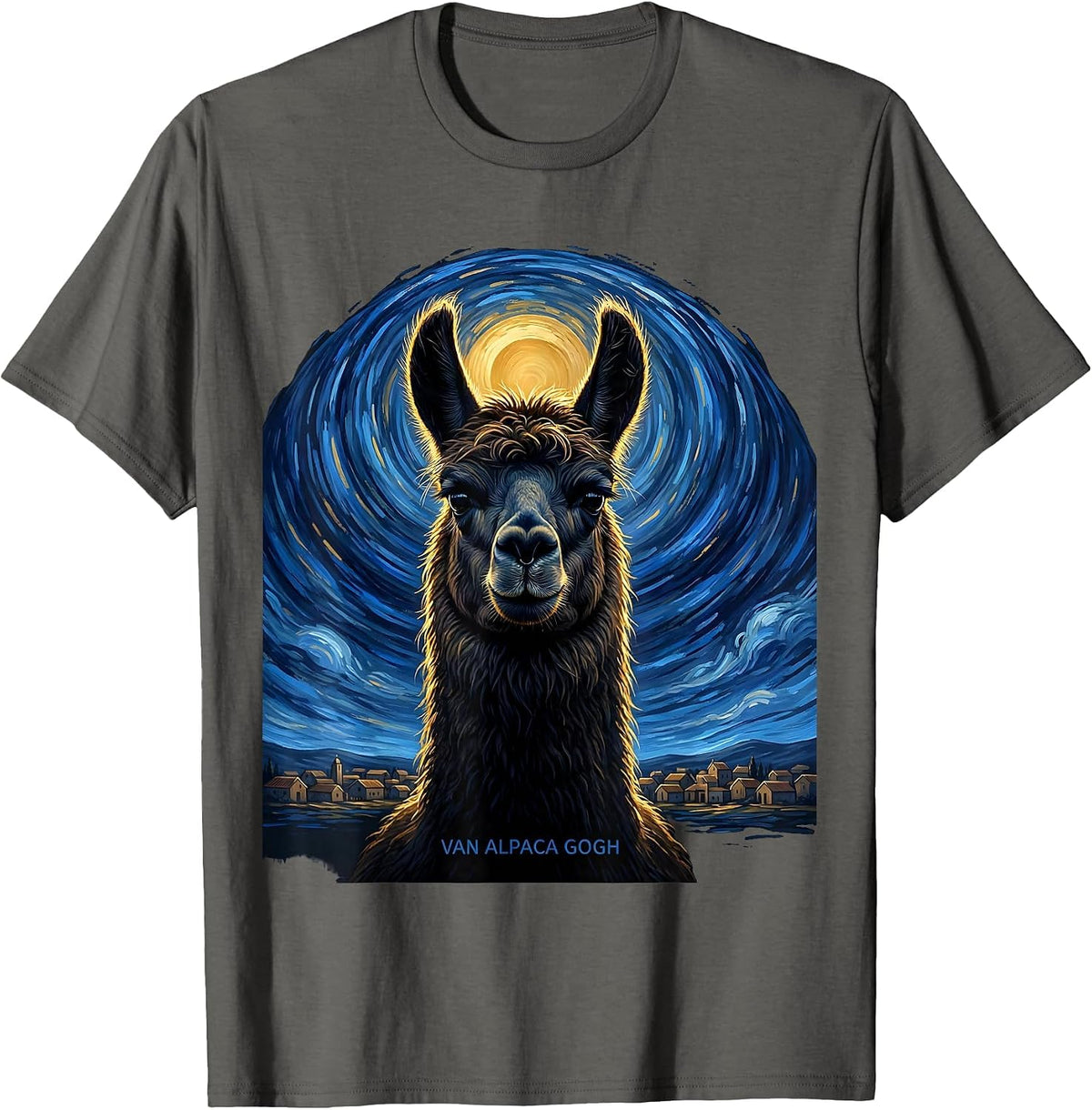 Men's Van Alpaca Gogh Whimsical Art Meme Animal Lover Gift T-Shirt - Asphalt Grey