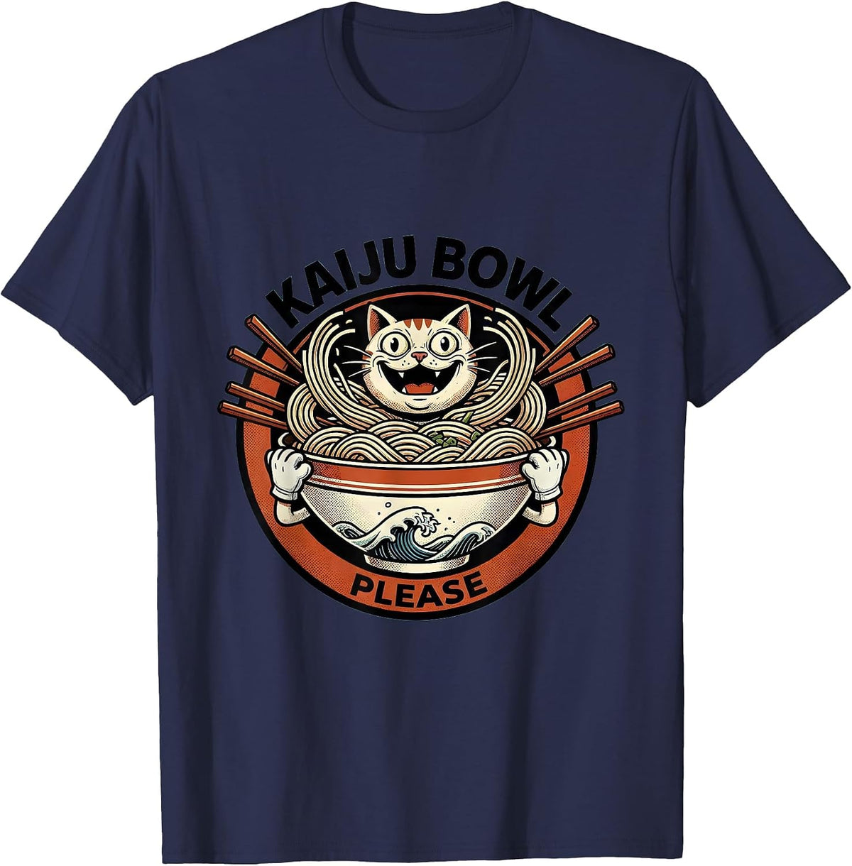 Kaiju Bowl Please Retro Cartoon Anime Cat Ramen Otaku Gift T-Shirt - Navy Blue
