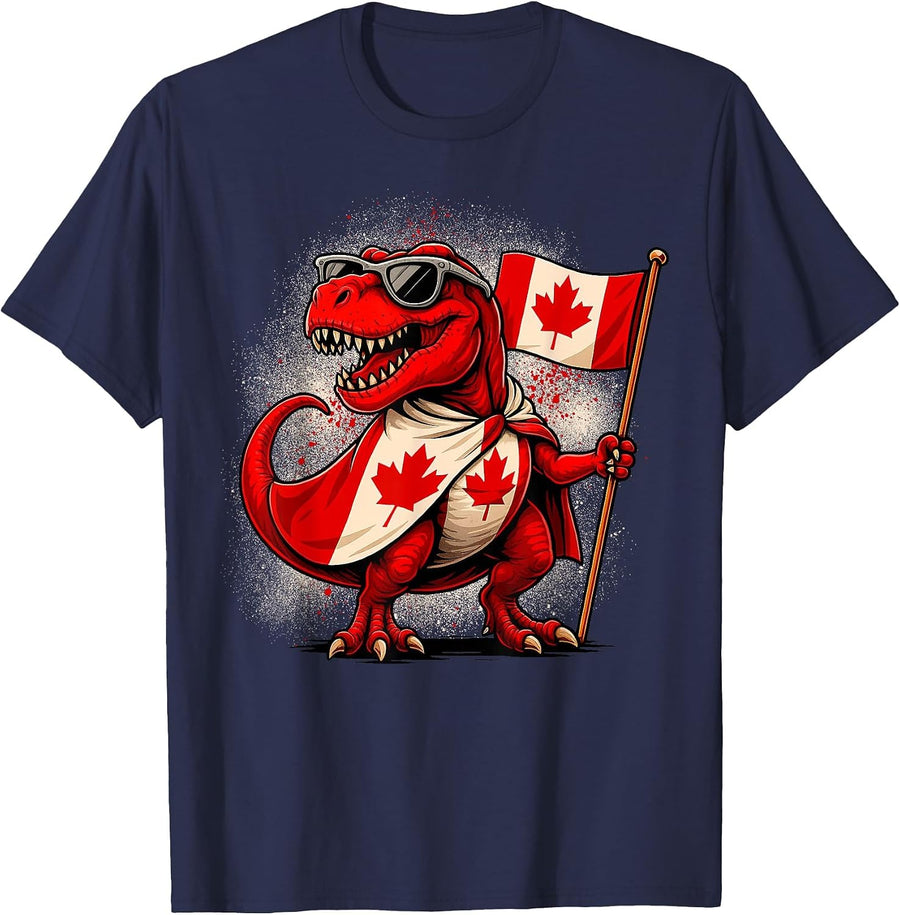 Funny T Rex Maple Leaf Canadian Flag Canada Day Kids Boys T-Shirt - Navy Blue