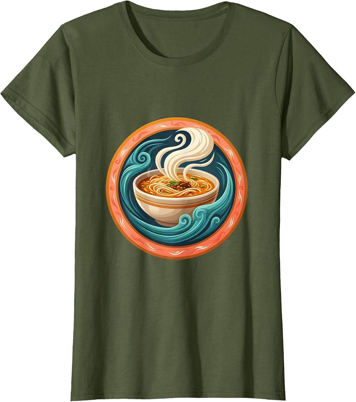 Women's Breezy Bowl Steaming Ramen Illustration T-Shirt - Olive Green