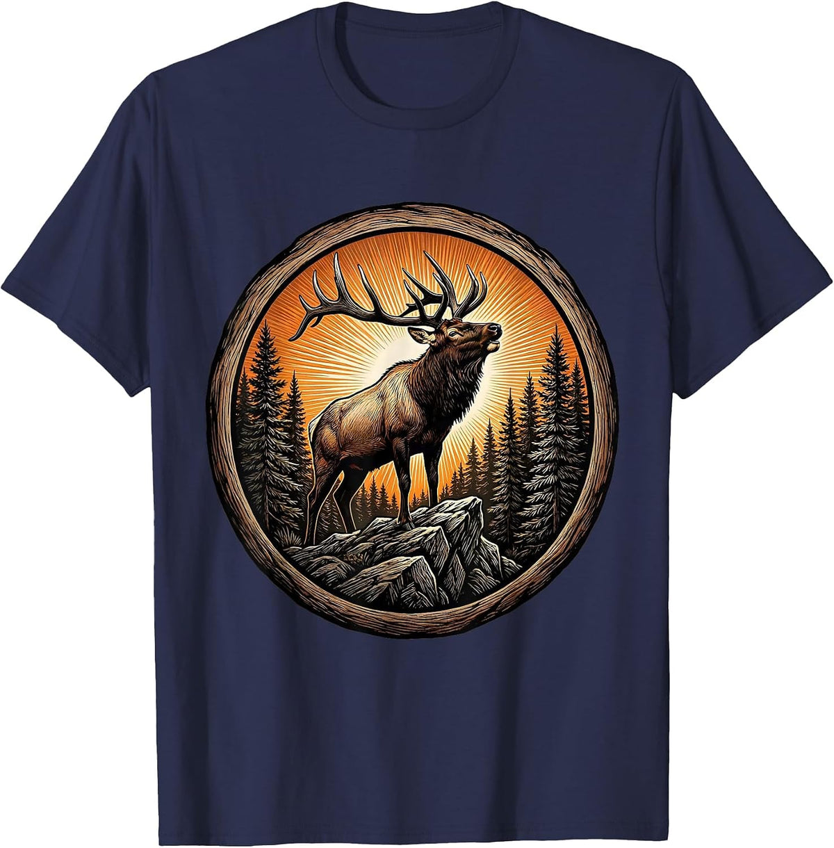 Men's Elk Bugling at Sunset Wildlife Nature Design T-Shirt - Navy Blue