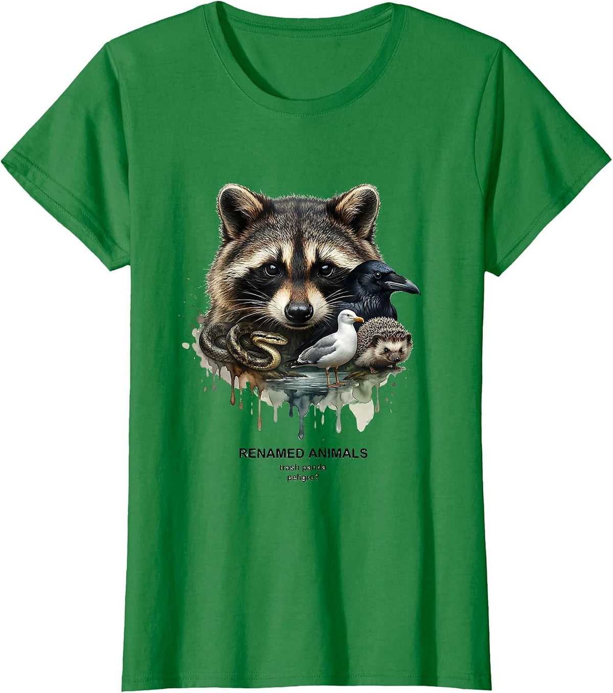 Women's RENAMED ANIMALS Trash Panda Peligro Funny Squirrel Lover T-Shirt - Kelly Green