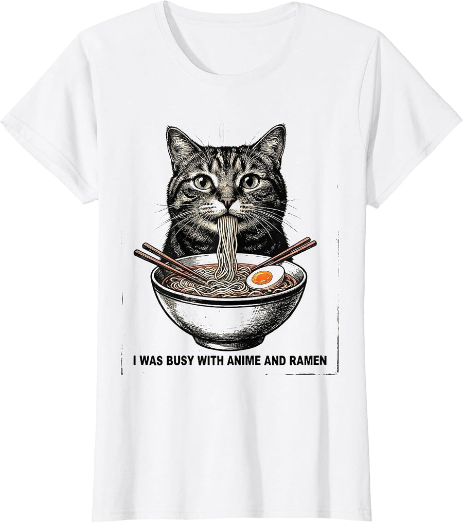 Women's I Was Busy With Anime And Ramen Distressed Kawaii Cat Anime T-Shirt - White