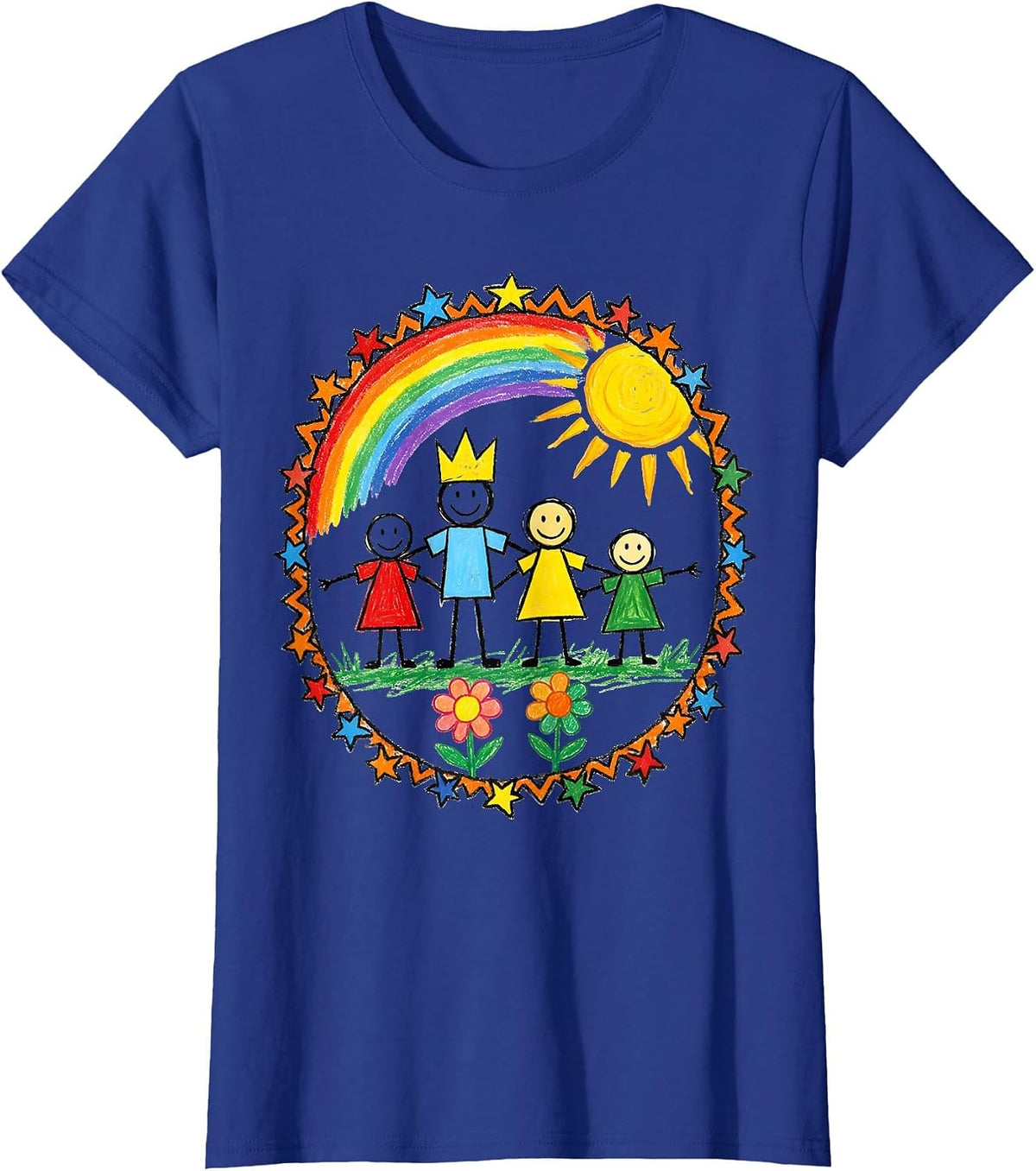 Women's Preschool Teacher Child Family Portrait Drawing T-Shirt - Royal Blue
