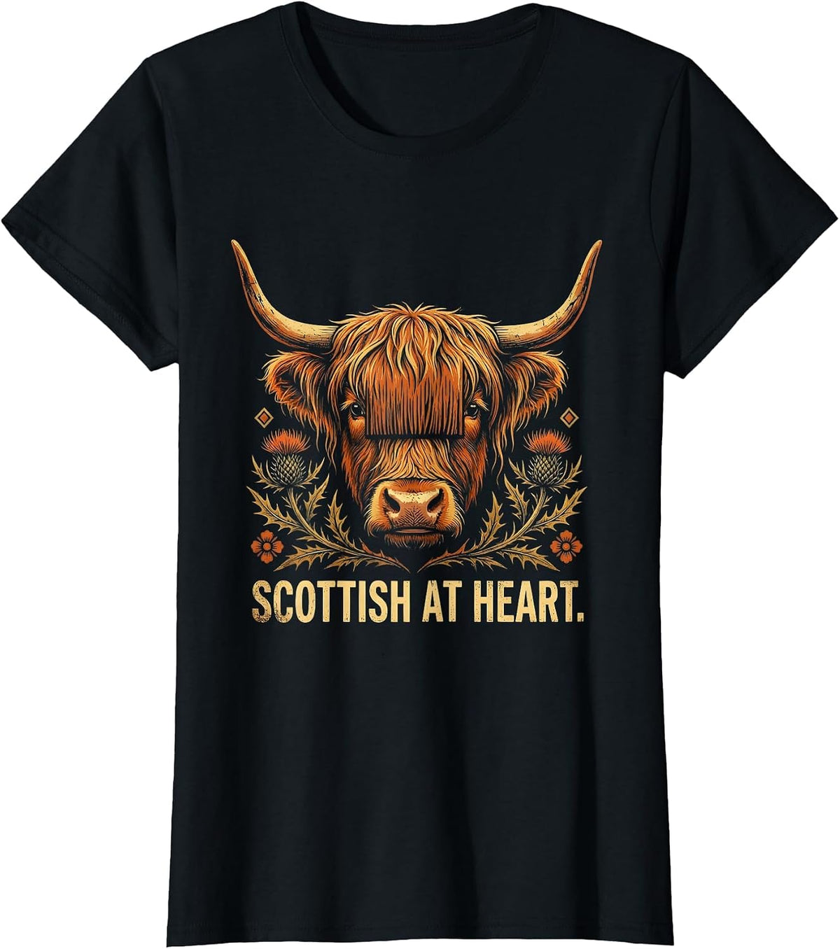 Scottish at Heart Highland Cow Design T-Shirt - Black