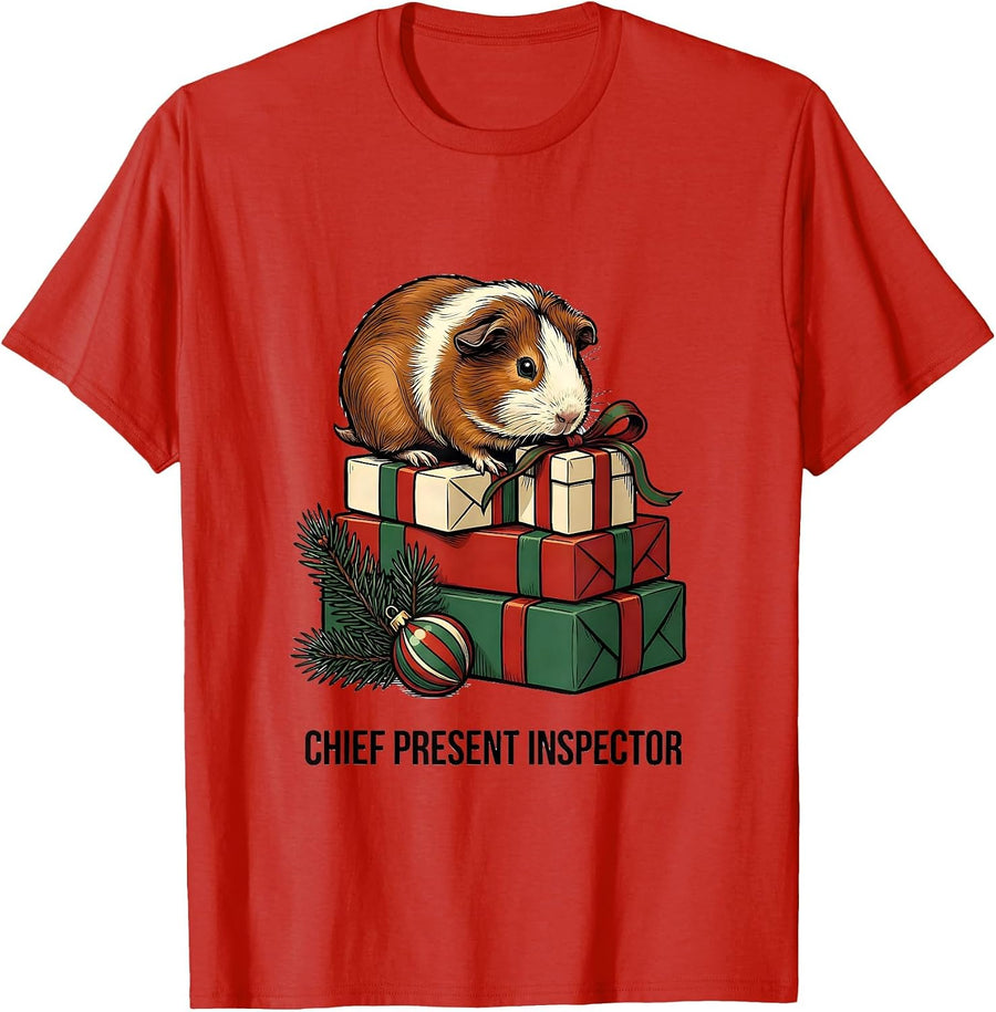Men's Chief Present Inspector Funny Guinea Pig Christmas Pet Lover T-Shirt - Red
