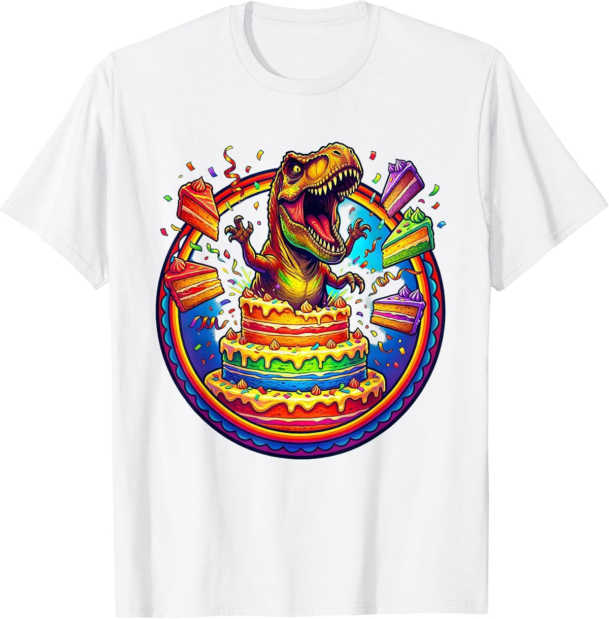 Men's Dinosaur Bursting Through Birthday Cake Graphic T-Shirt - White