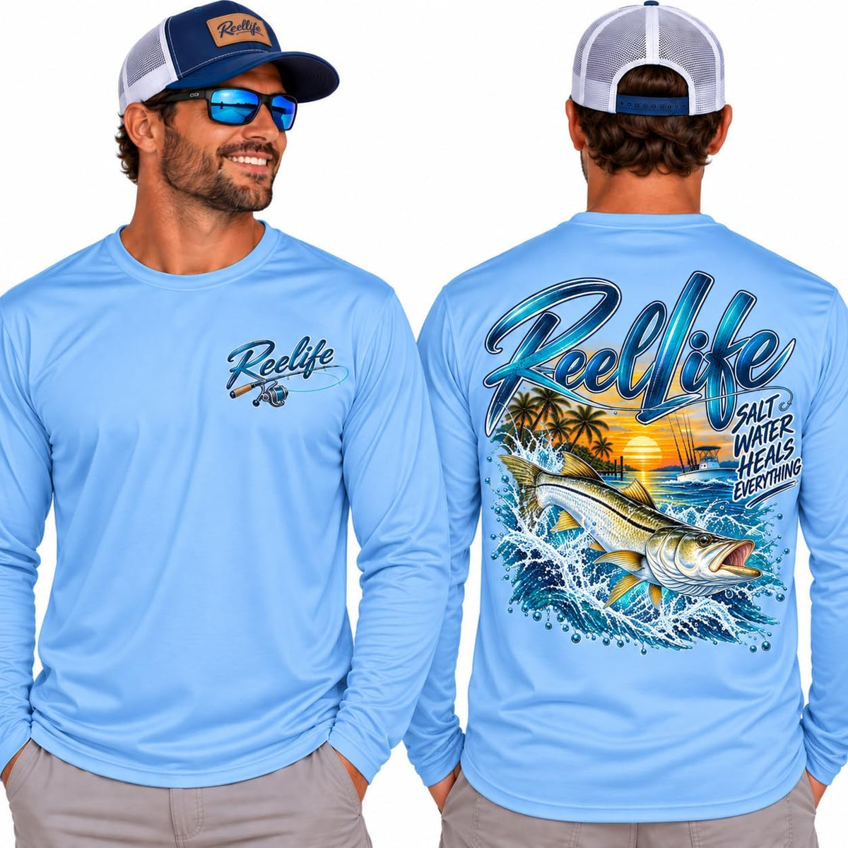 Reel Life SnookFishing Long Sleeve Tee | Ocean Sunset Beach Graphic - Carolina Blue