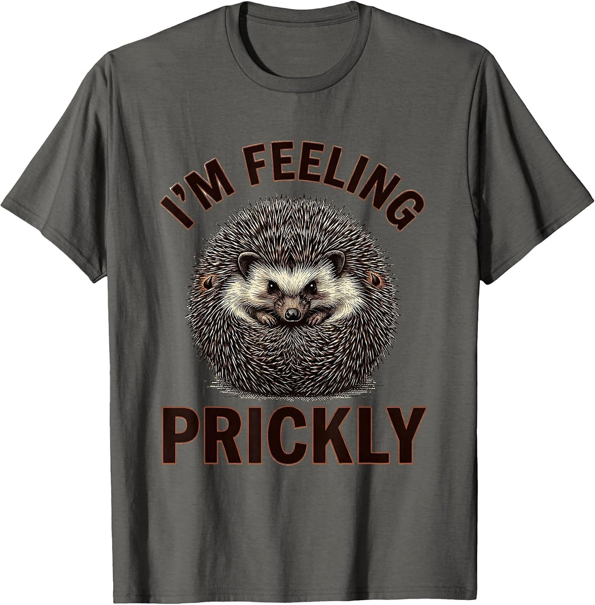 Men's I'm Feeling Prickly Crosshatch Etching Hedgehog Animal Humor T-Shirt - Asphalt Grey
