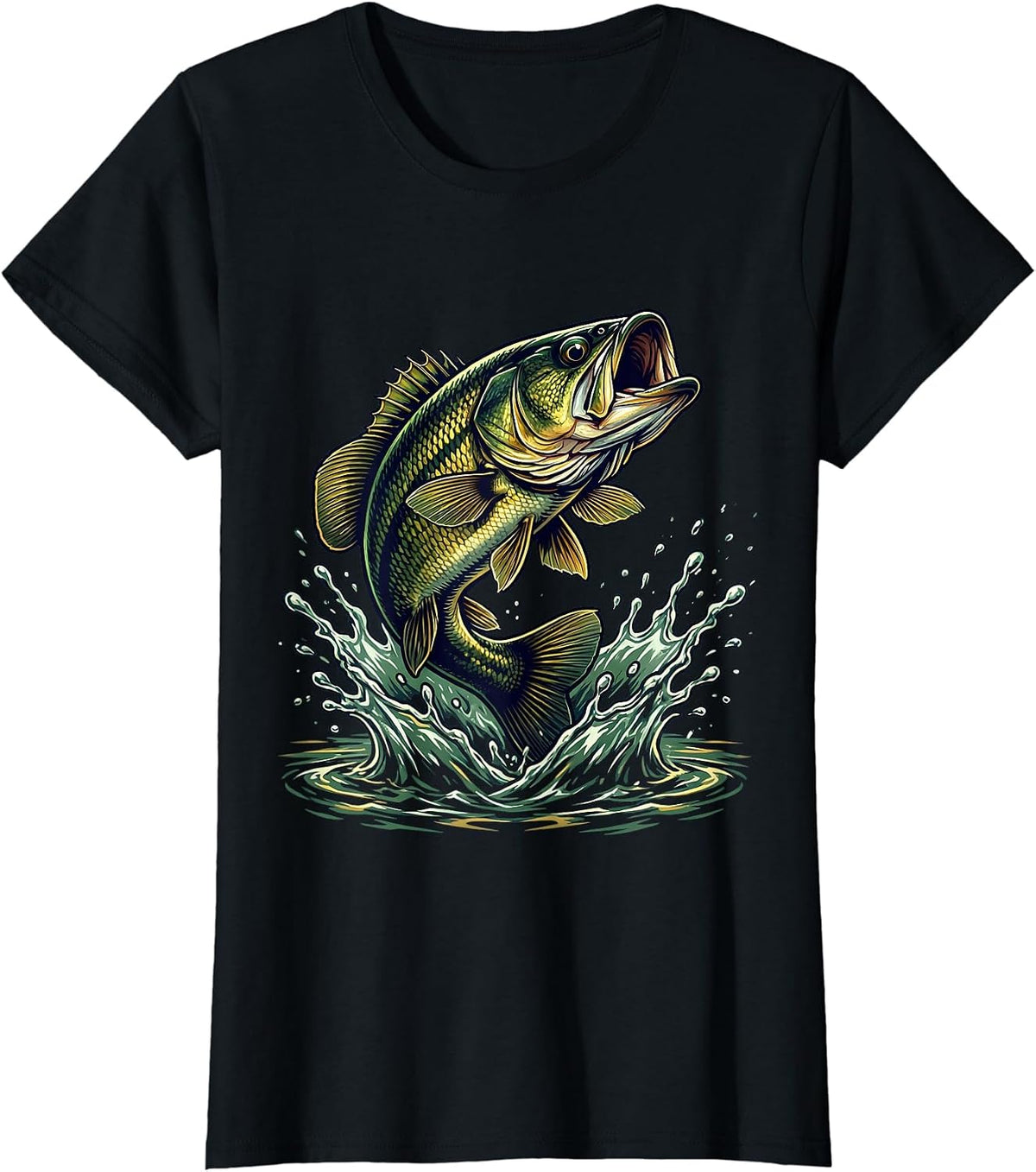 Largemouth Bass Leaping Fishing Graphic T-Shirt - Black
